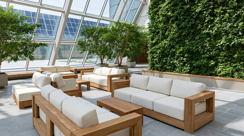Modern corporate atrium lounge with teak-framed sofas and greenery under glass skylight