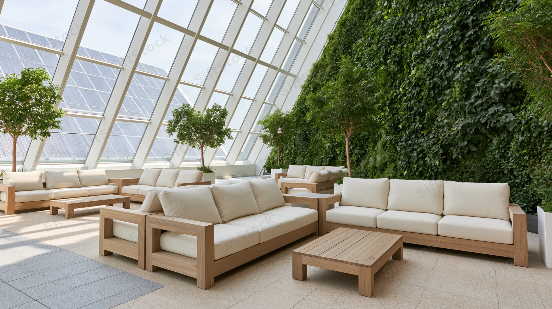Modern corporate atrium lounge with teak-framed sofas and green wall under glass skylight