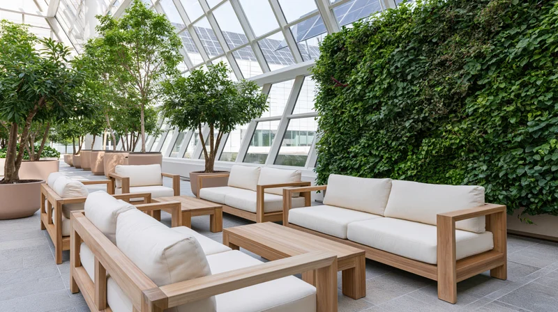 Modern corporate atrium lounge with teak-framed sofas and greenery under glass ceiling