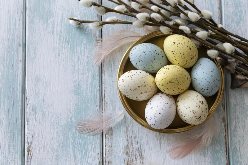Speckled easter eggs in pastel colors arranged in a golden bowl with willow branches and feathers on a rustic wooden table