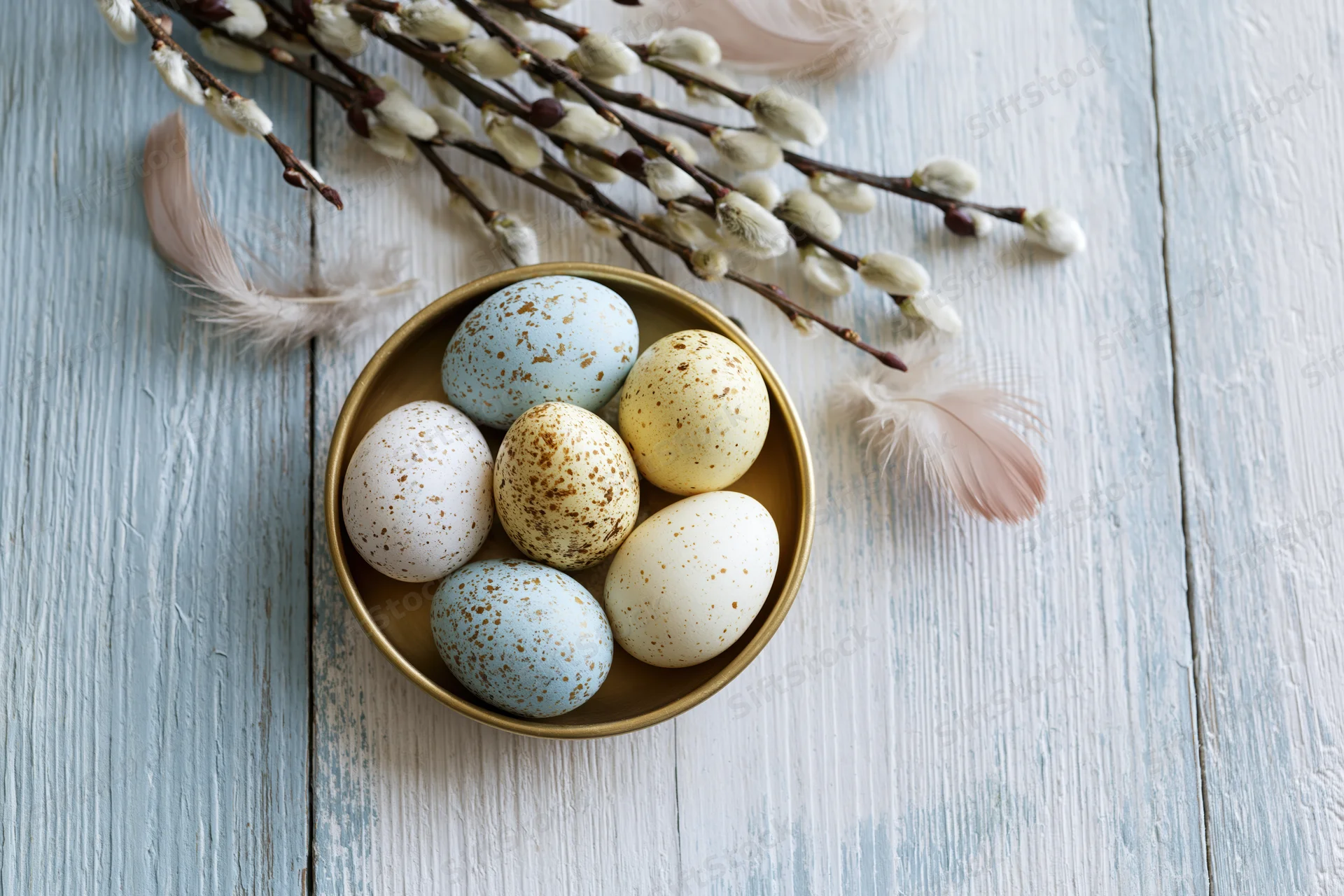 Speckled easter eggs in a bowl with willow branches and feathers on a wooden surface