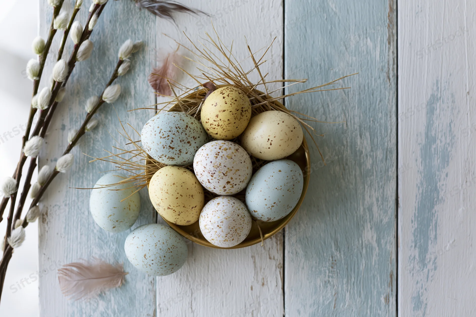 Speckled easter eggs in pastel colors arranged in a nest with willow branches and feathers on a weathered wooden surface