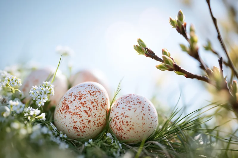 Speckled easter eggs resting in green grass among tiny white flowers and budding branches under sunlight