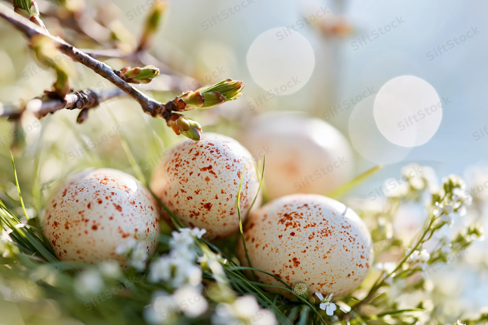 Speckled easter eggs nestled in green grass among white flowers and budding branches