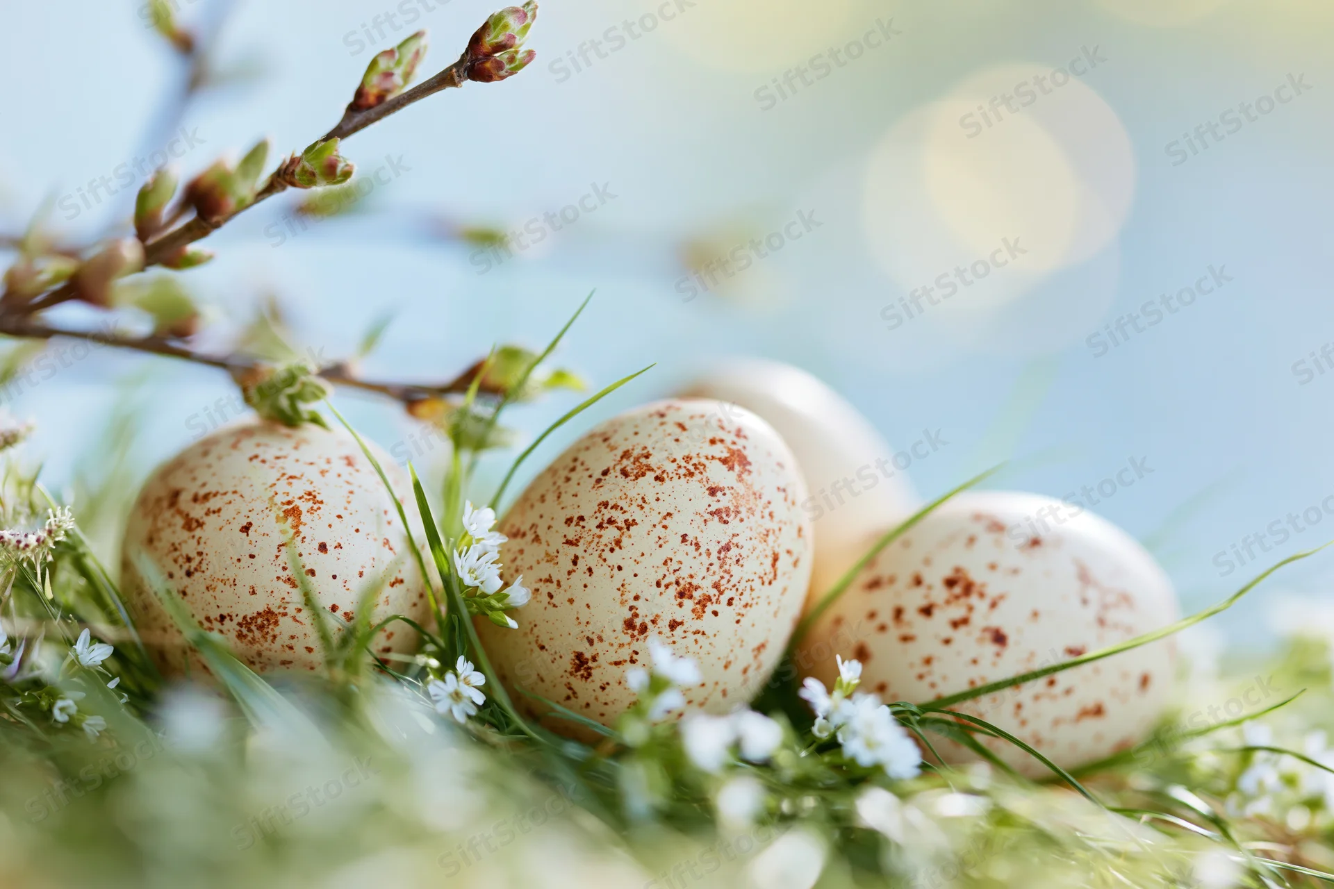 Speckled easter eggs nestled in green grass with white flowers and budding branches