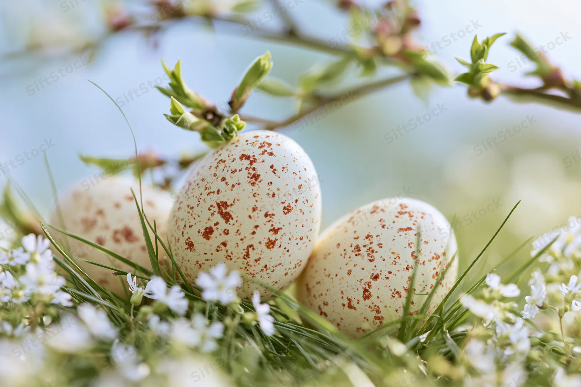 Speckled easter eggs nestled in green grass among tiny white flowers