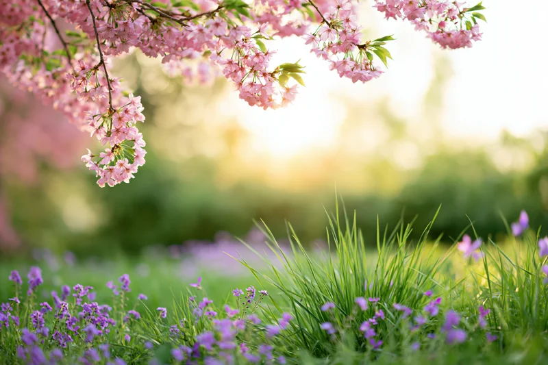 Cherry blossom branches hanging over a grassy garden with purple flowers in spring