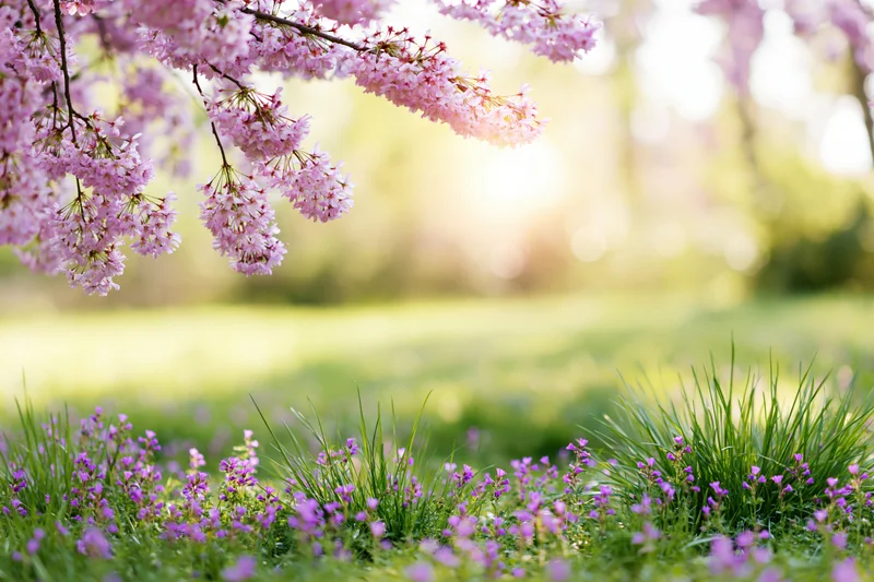 Cherry blossom branches hanging over a grassy meadow with purple wildflowers in spring garden