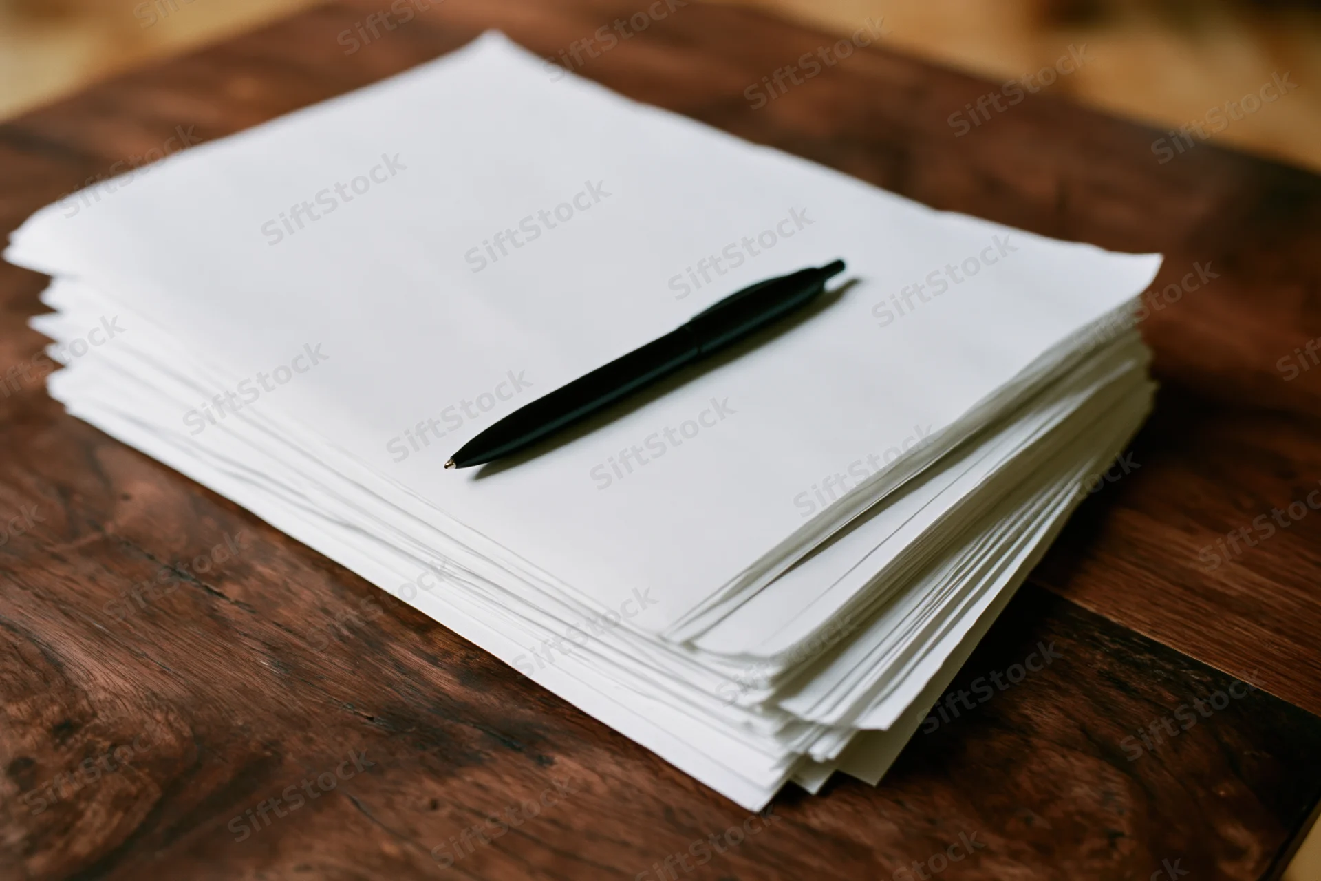 Stack of blank white papers with a black ballpoint pen on a wooden desk