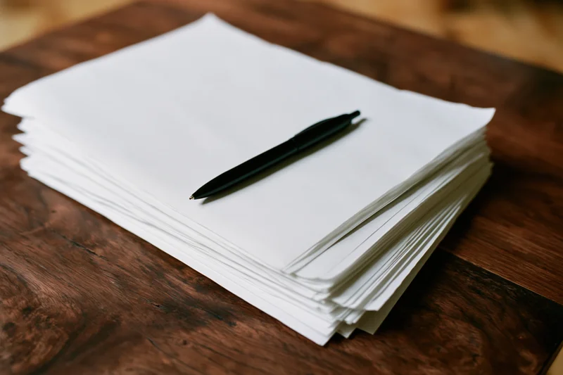 Stack of blank white papers with a black ballpoint pen on a wooden desk