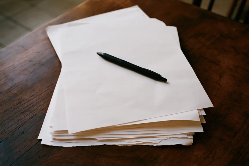 Stack of blank white papers with a black ballpoint pen on a wooden desk
