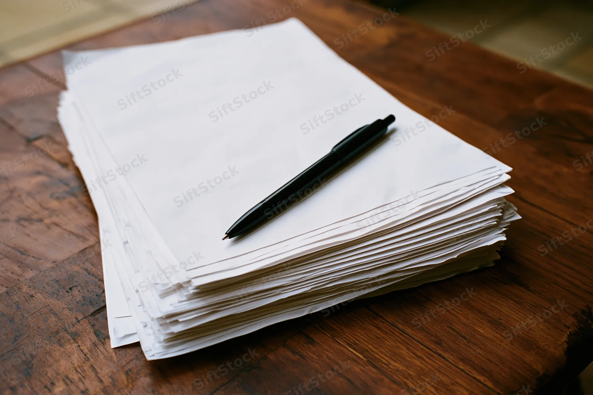 Stack of blank white papers with a black ballpoint pen on a wooden desk