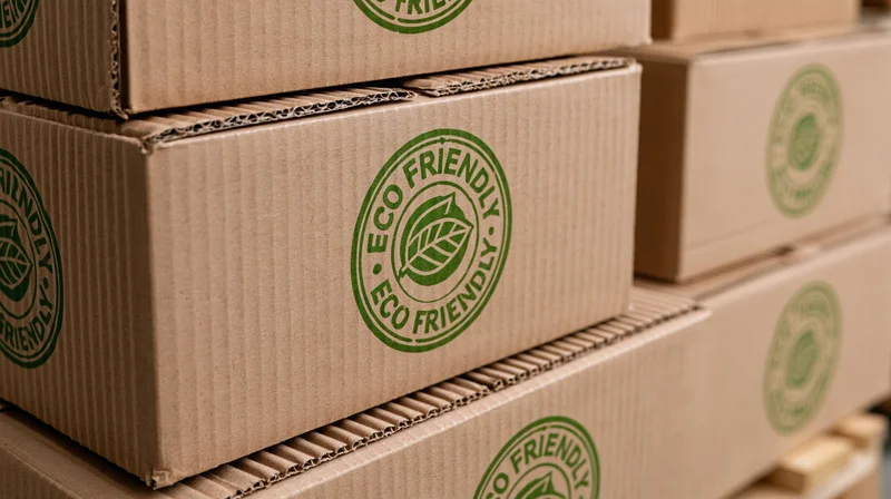Stack of corrugated cardboard shipping boxes with eco friendly green leaf logo on pallet