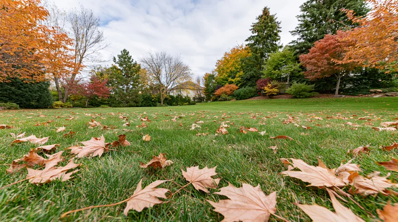 Scattered dry maple leaves on a suburban backyard lawn in autumn