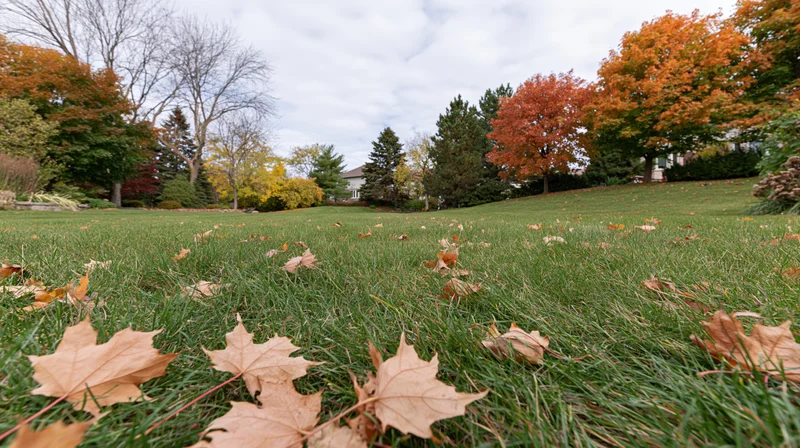 Suburban backyard lawn in peak autumn scattered dry maple leaves