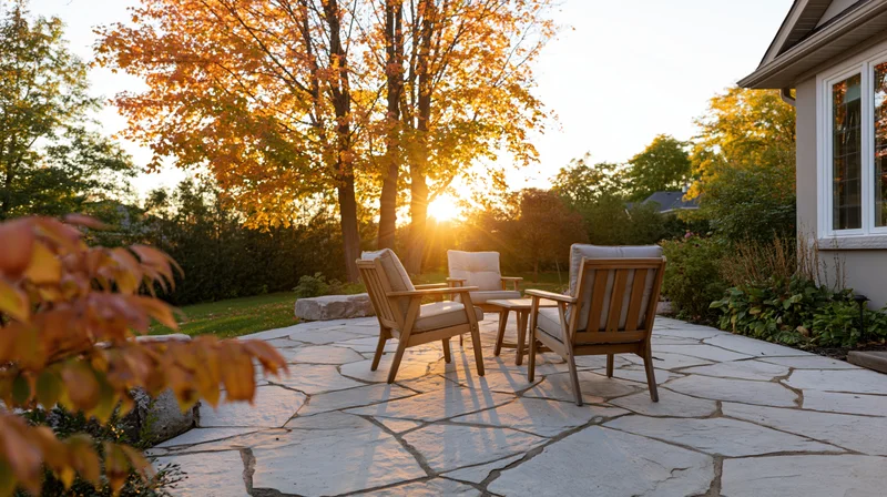 Stone patio with wooden chairs and autumn trees at sunset in suburban backyard