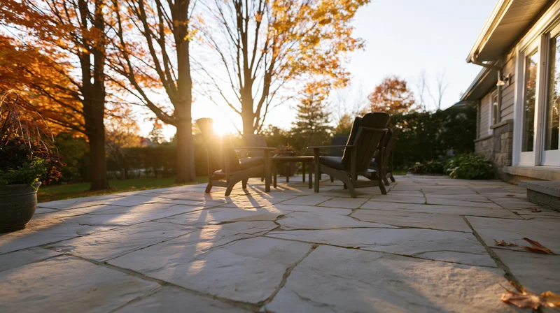 Stone patio with adirondack chairs in suburban backyard at golden hour during autumn