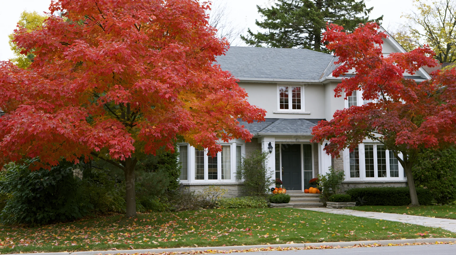 Suburban house with red maple trees and pumpkins on the porch in autumn