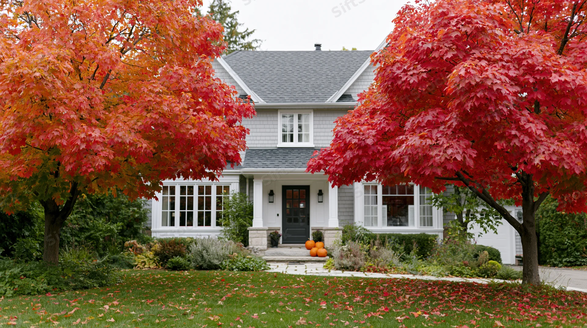 Suburban house with red maple trees in autumn front yard