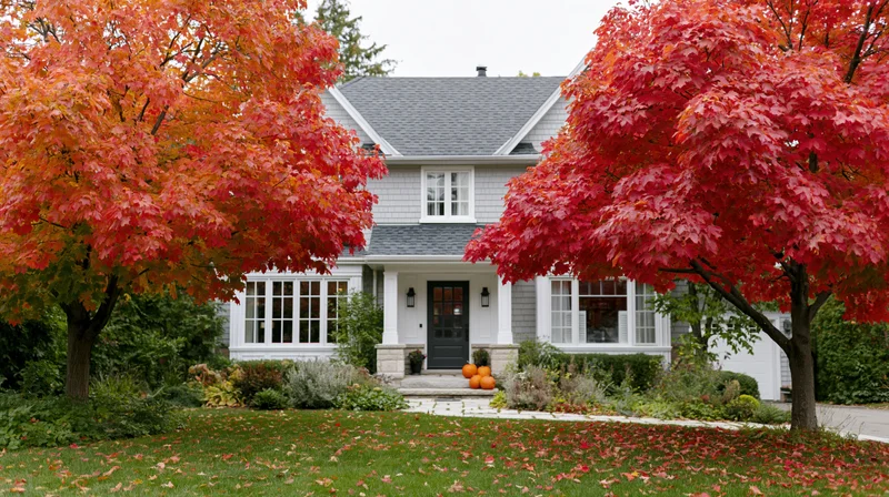Suburban house with red maple trees in autumn front yard