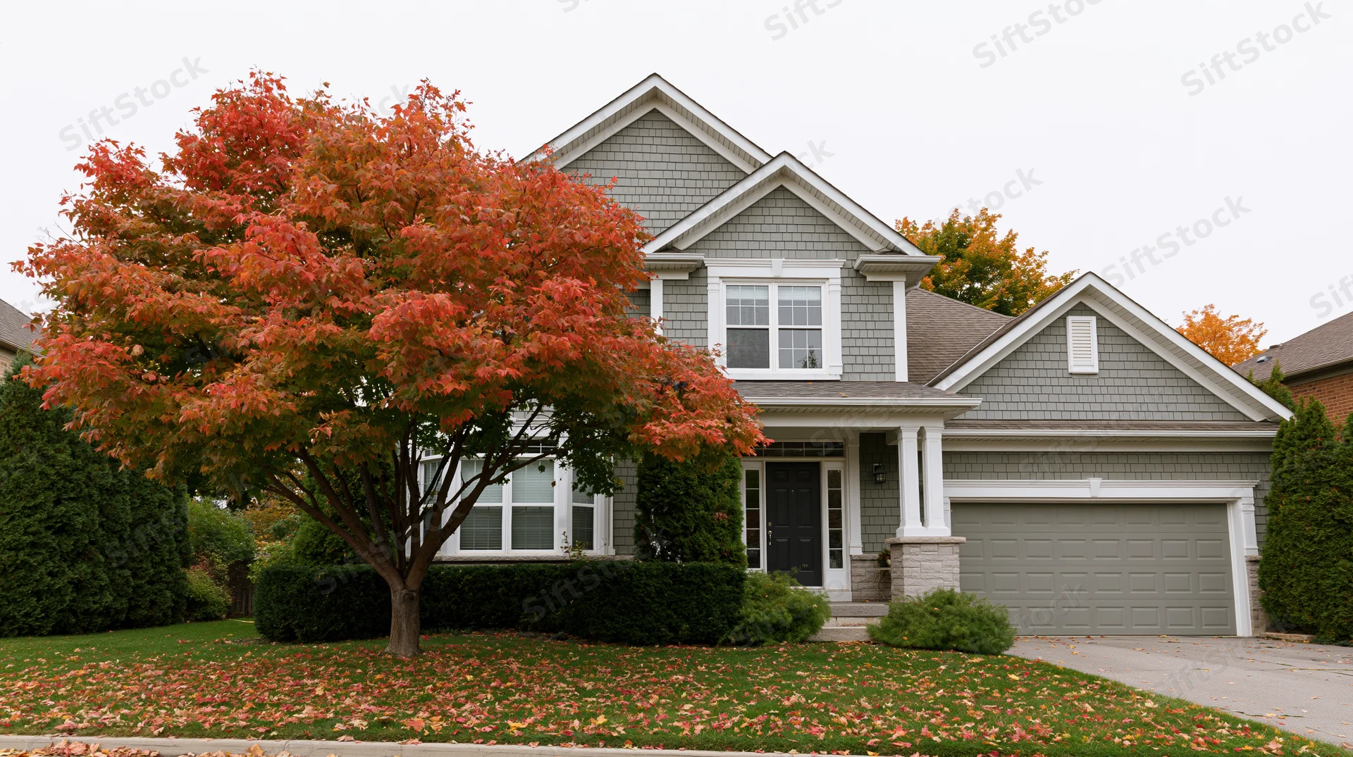 Suburban two-story house with grey shake siding and red maple tree in autumn front yard