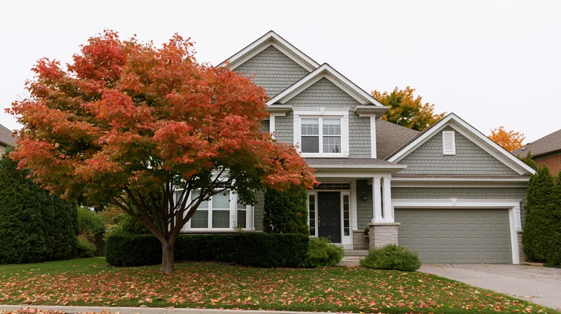 Suburban two-story house with grey shake siding and red maple tree in autumn front yard