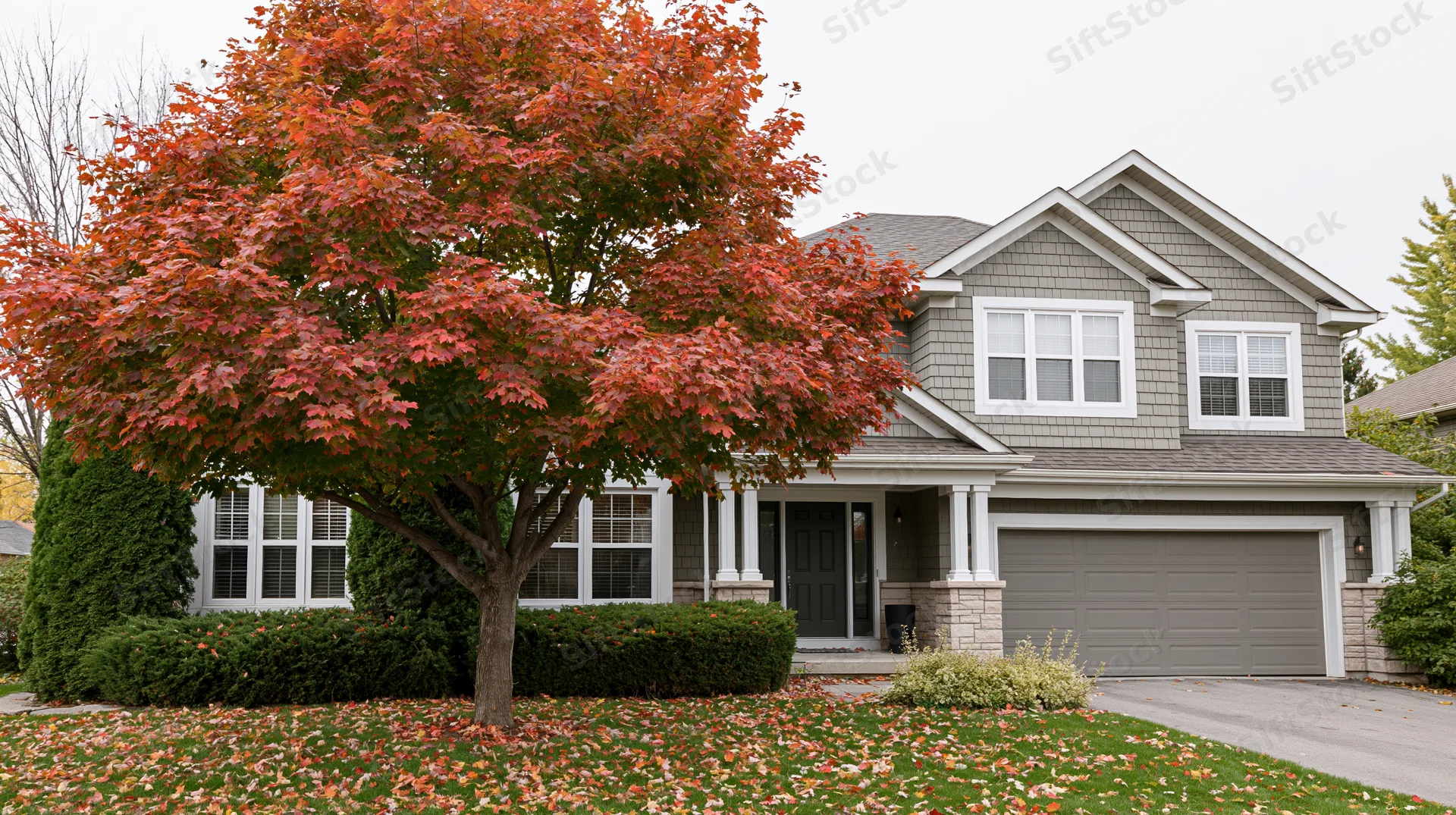Suburban two-story house with grey shake siding and red maple tree in front yard during autumn