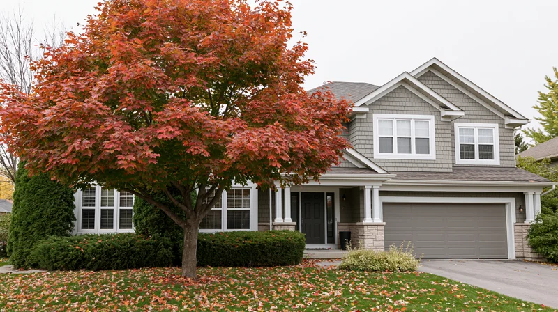 Suburban two-story house with grey shake siding and red maple tree in front yard during autumn