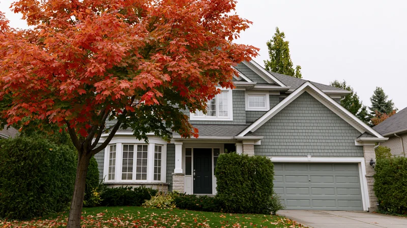 Suburban two-story house with grey shake siding and red maple tree in front yard during autumn