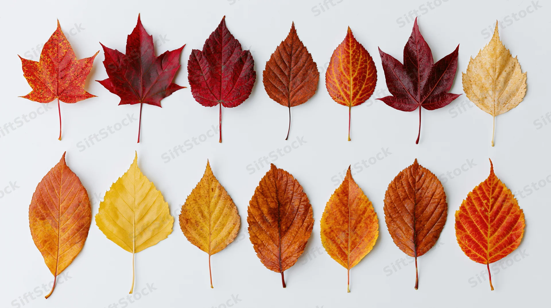 Two rows of autumn leaves arranged on a white background