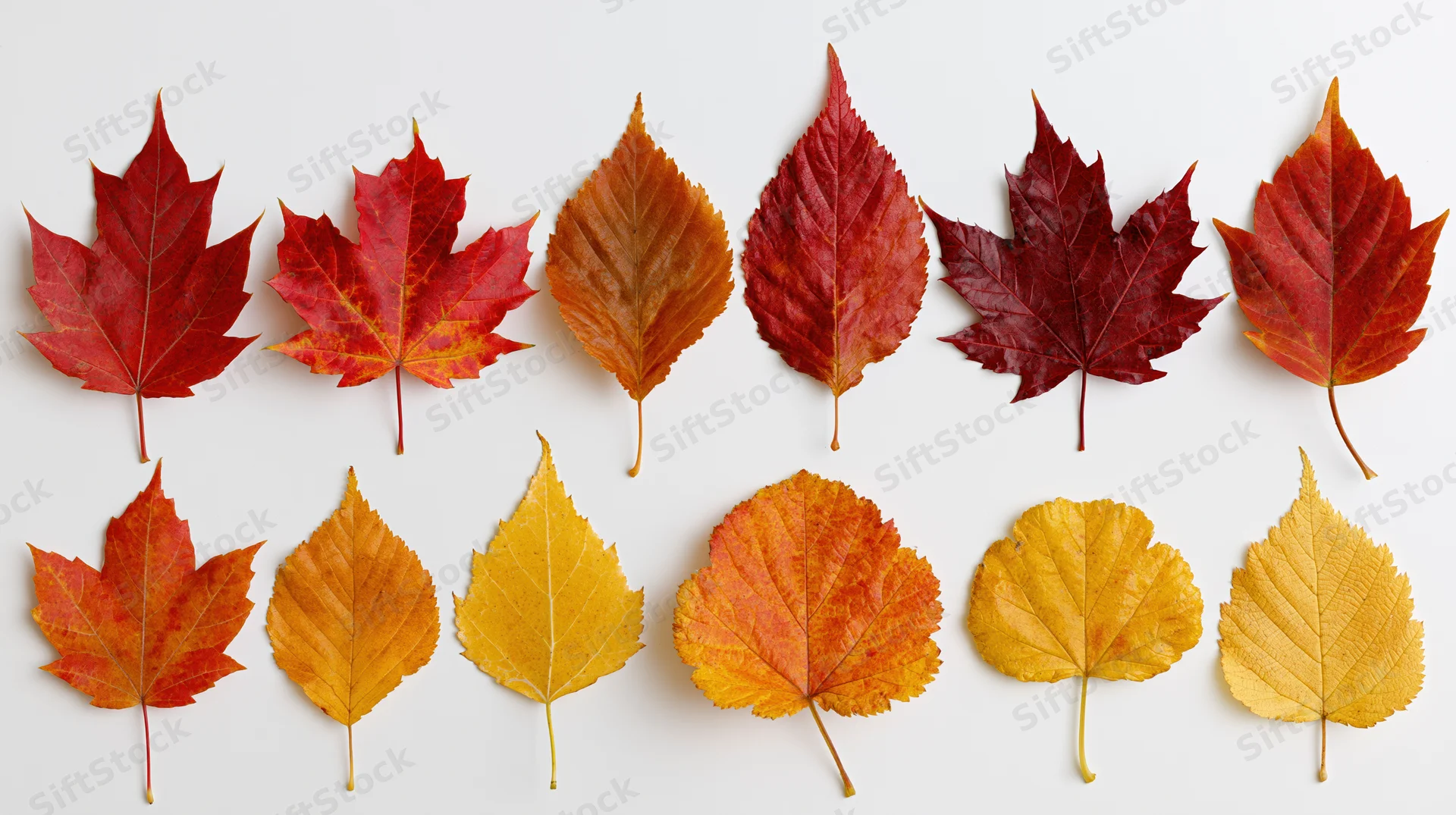 Two rows of colorful autumn leaves arranged on a white surface