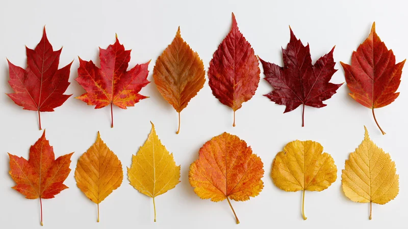 Two rows of colorful autumn leaves arranged on a white surface