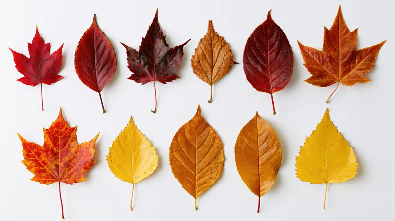 Ten autumn leaves arranged in two rows on white background