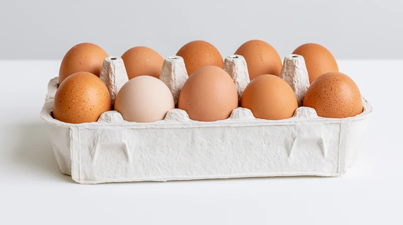 Ten brown chicken eggs arranged in an open white cardboard carton on a plain white surface