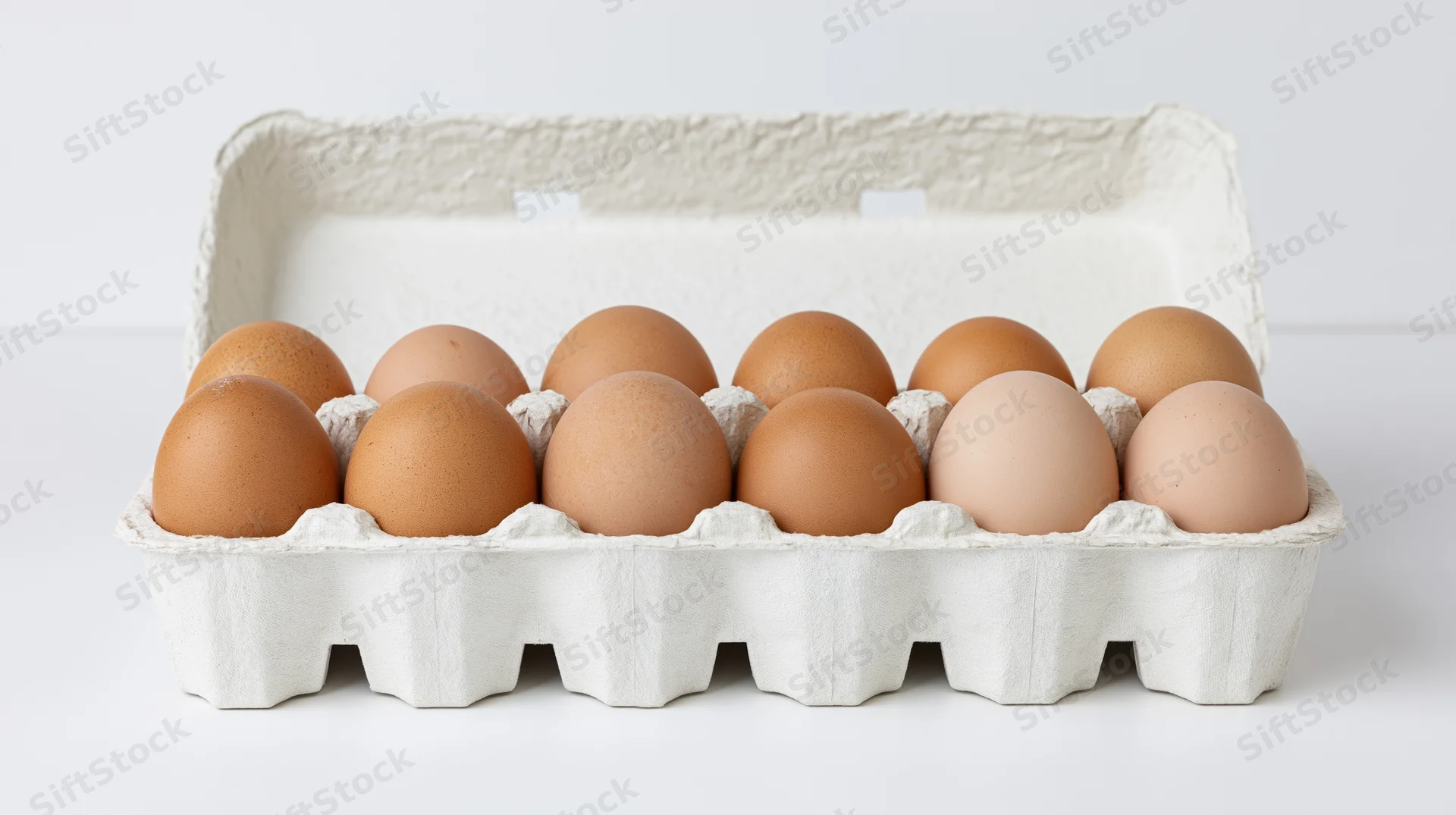Ten brown chicken eggs in an open white cardboard carton on a white surface