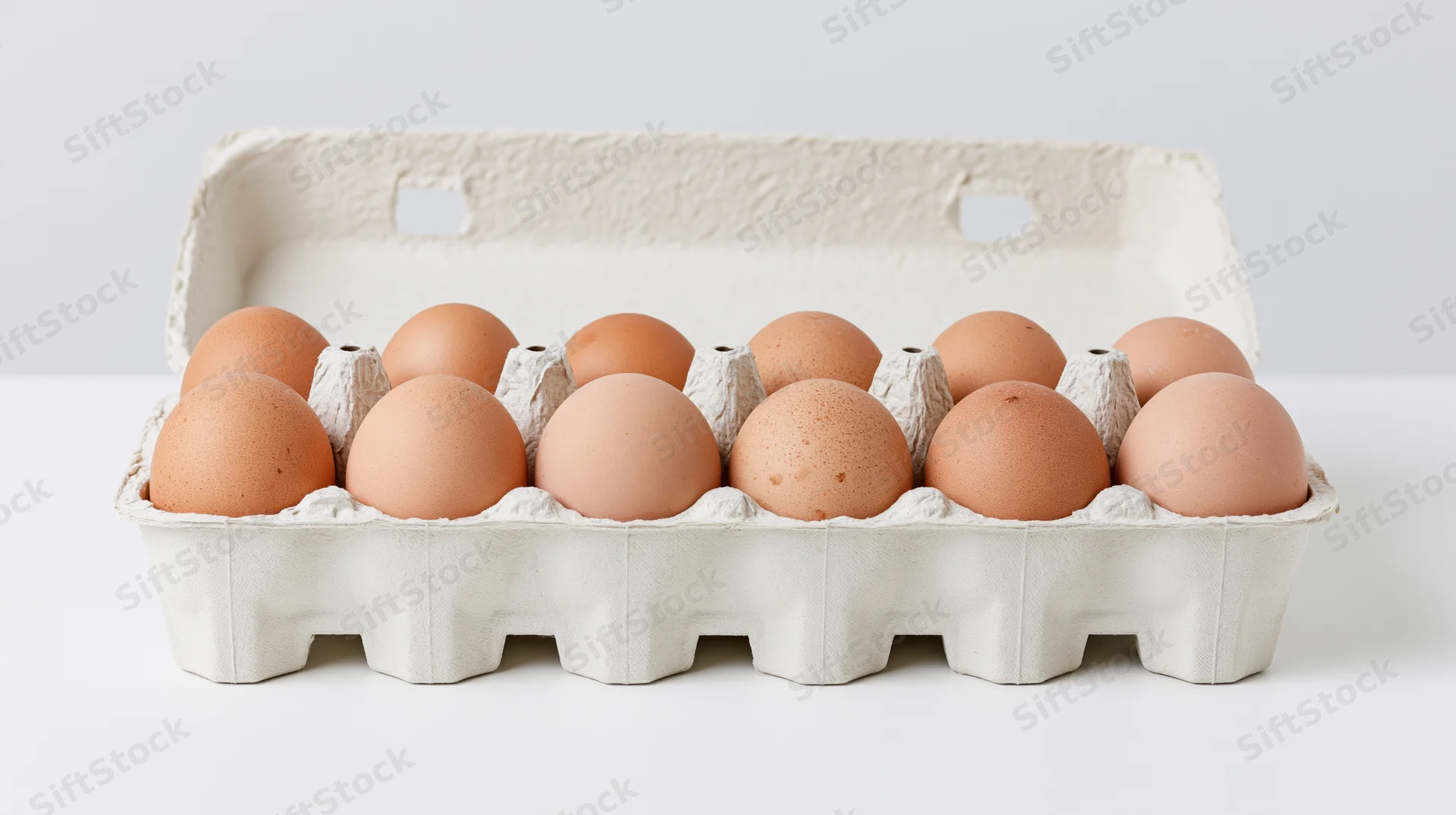 Ten brown chicken eggs in an open white cardboard carton on a white surface