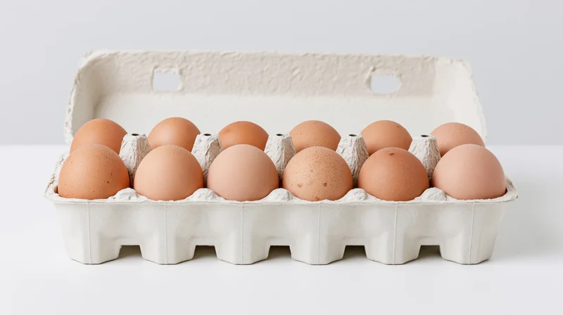 Ten brown chicken eggs in an open white cardboard carton on a white surface