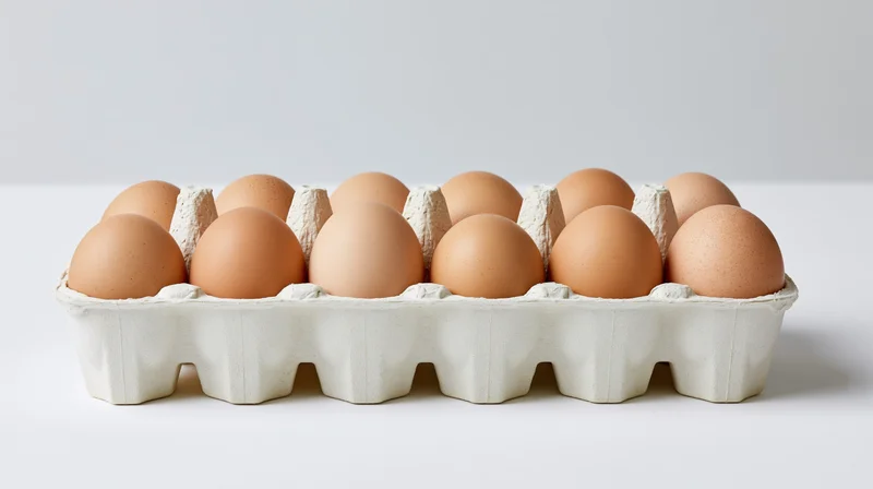 Ten brown chicken eggs arranged in a white cardboard carton on a plain white surface