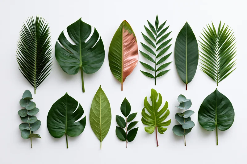Tropical plant leaves arranged in two rows on white background