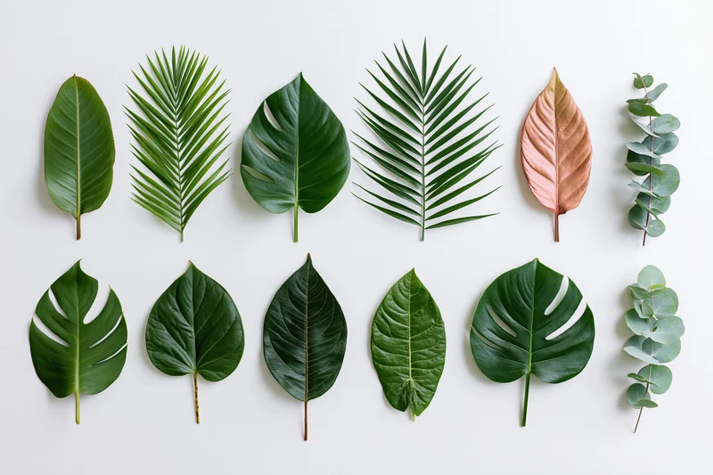 Tropical plant leaves arranged in two rows on a white background