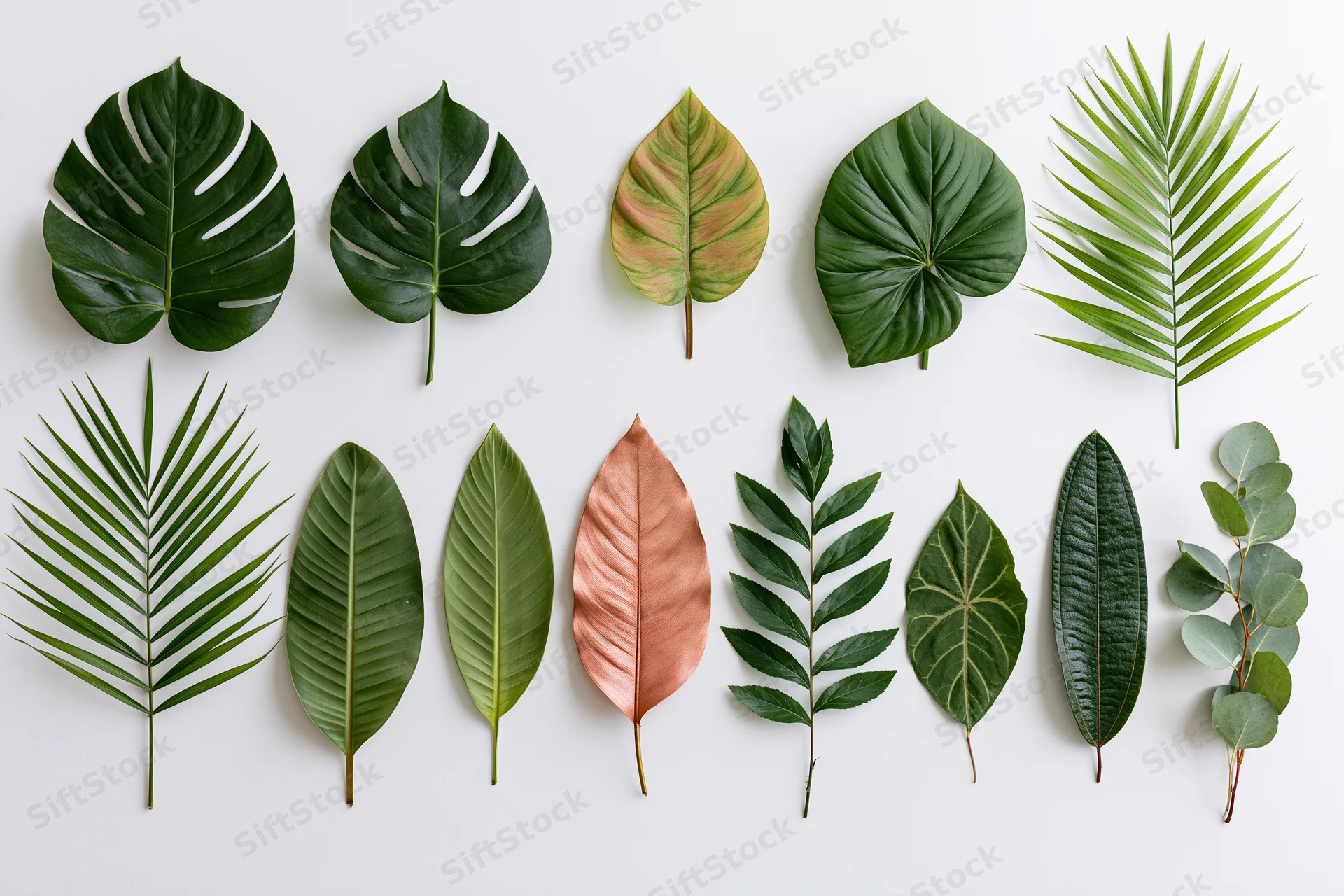 Tropical plant leaves arranged flat on white background