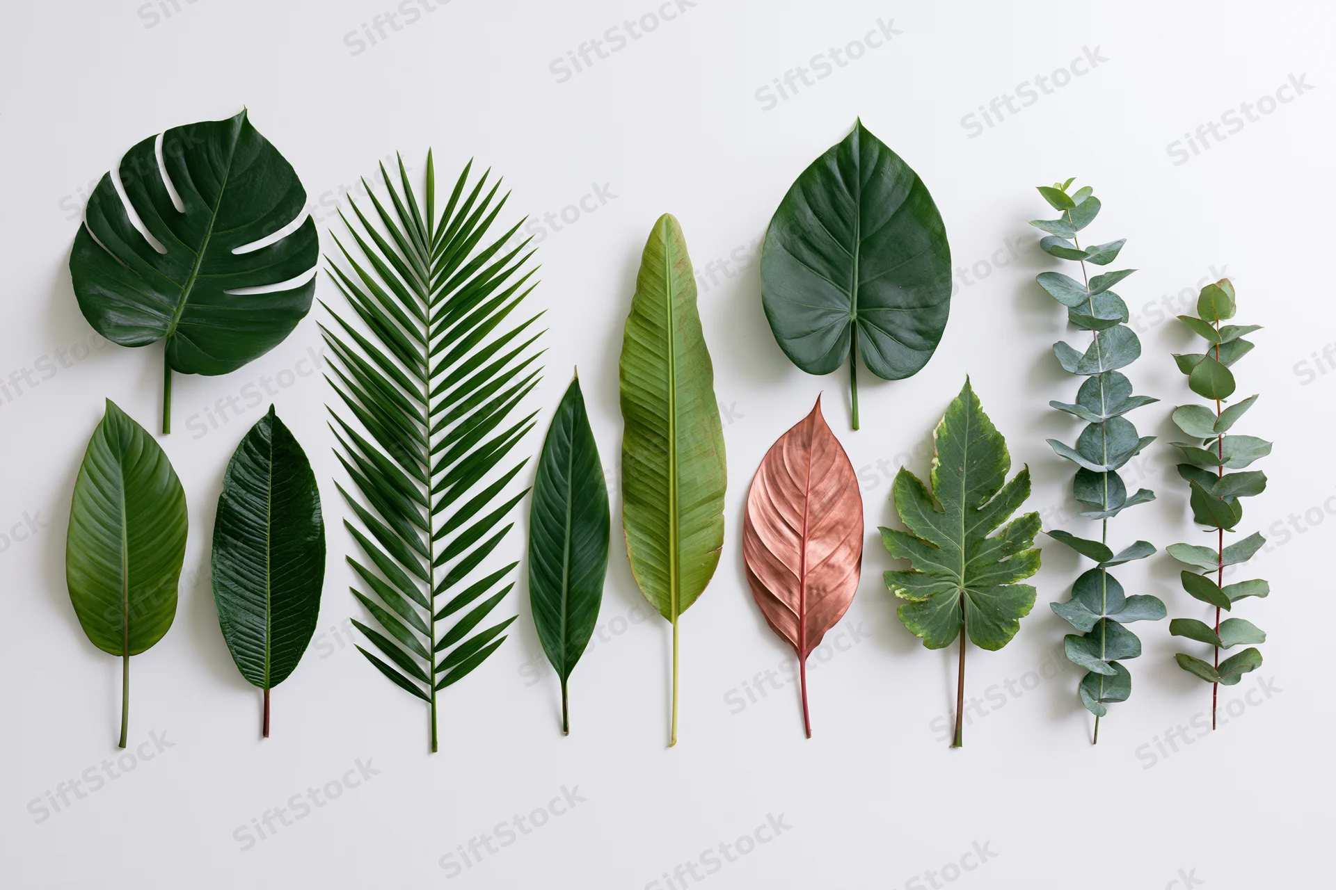 Tropical plant leaves arranged flat on white surface
