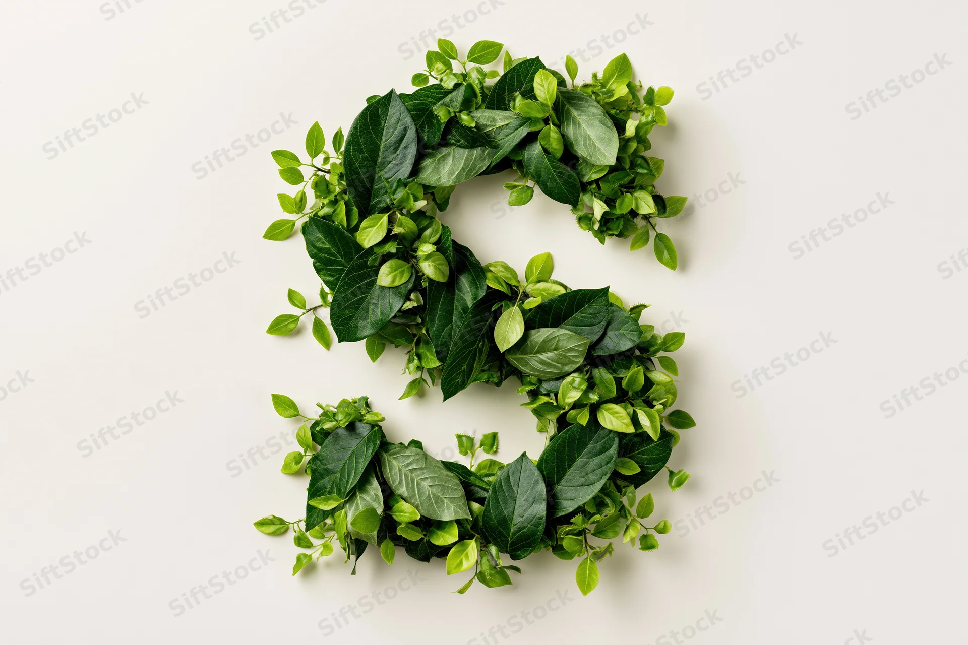 Letter s formed from green tropical leaves on white background