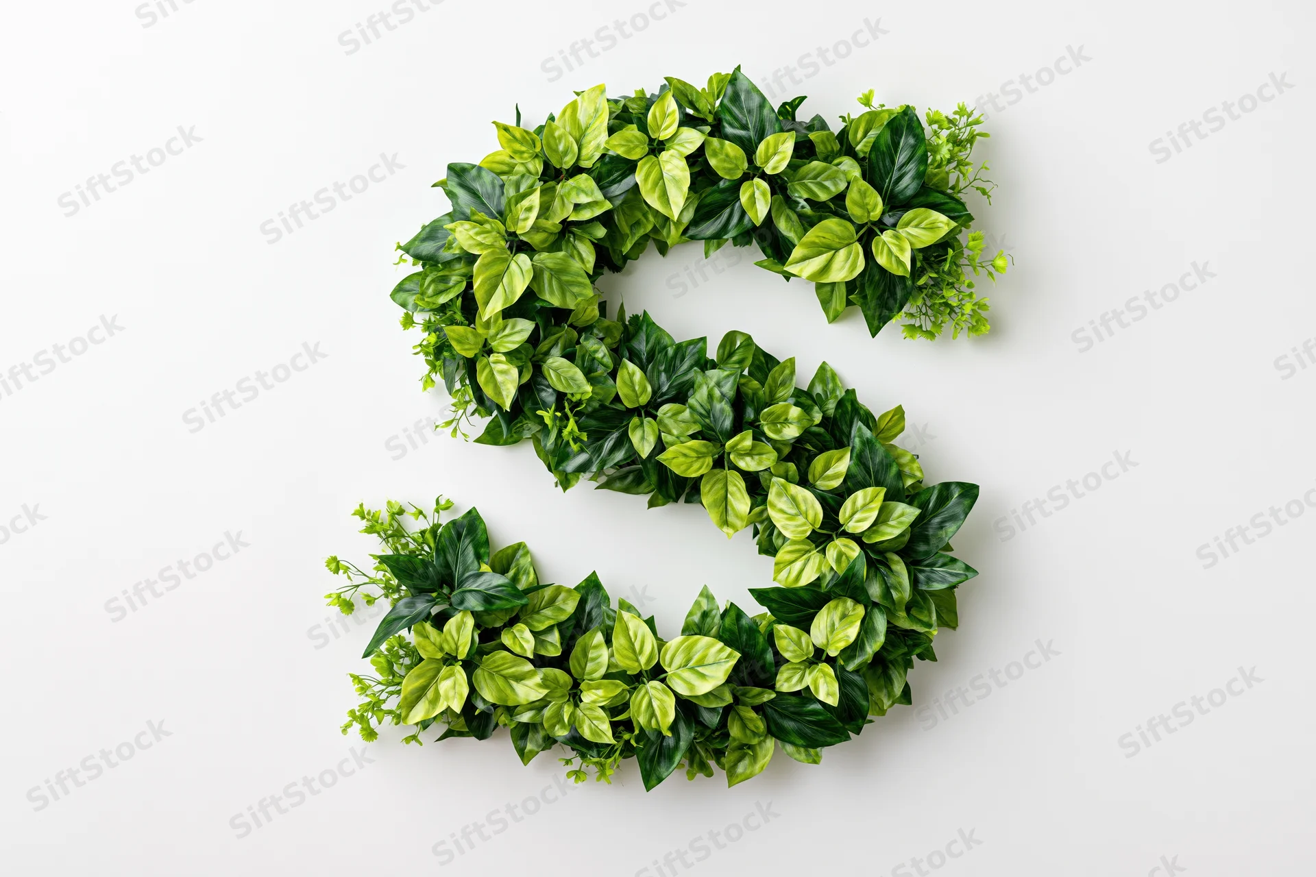 Letter s formed from dense green tropical foliage on white background