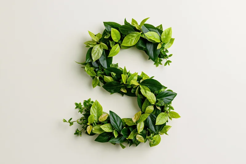 Letter s formed from dense green tropical leaves on white surface