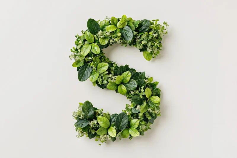 Letter s formed from green tropical foliage on white background