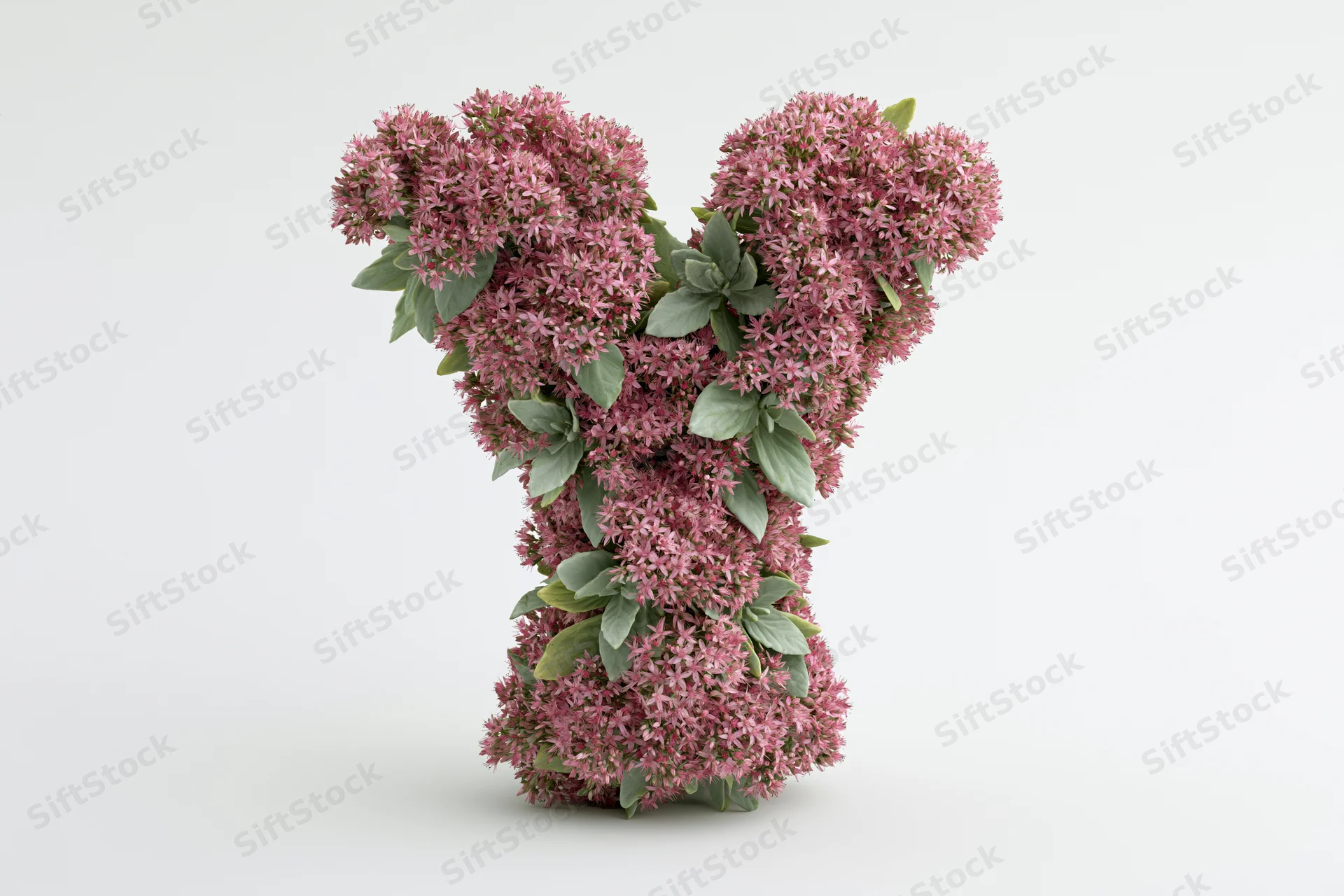 Floral arrangement shaped like the letter y made of pink sedum and green leaves on white background
