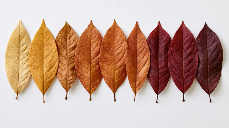 Dried autumn leaves arranged in a horizontal row on white background