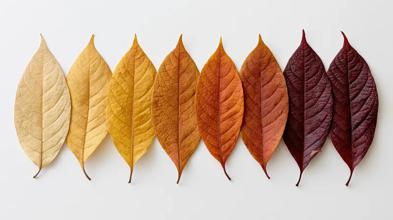 Dried autumn leaves arranged in a horizontal row on white background