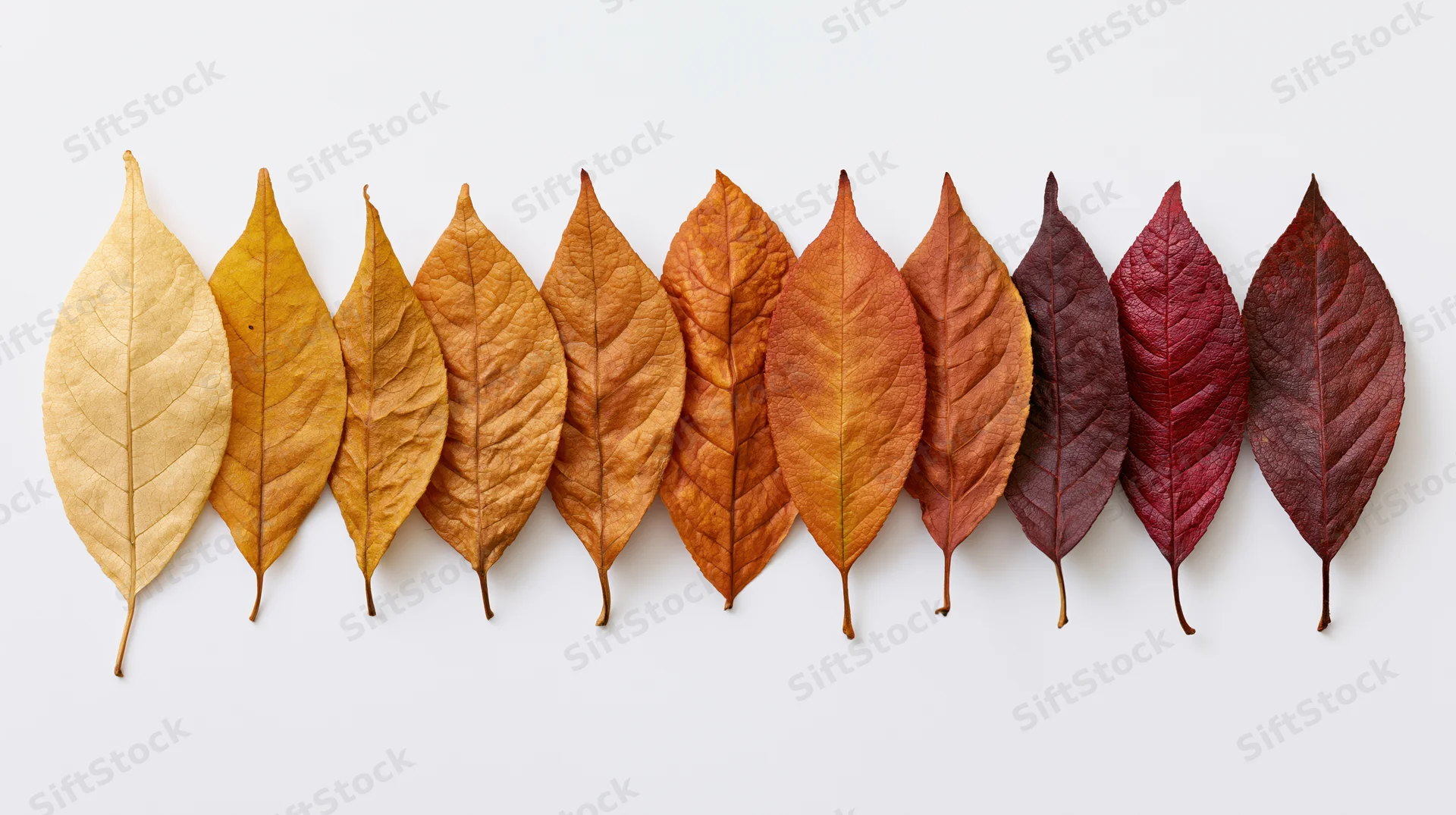 Thirteen dried autumn leaves arranged in a horizontal row on a white background